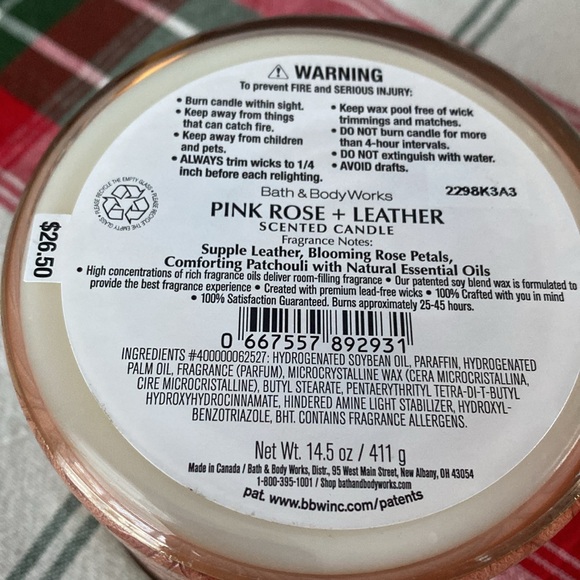 Bath & Body Works Pink Rose + Leather 3 wick candle - Picture 4 of 4